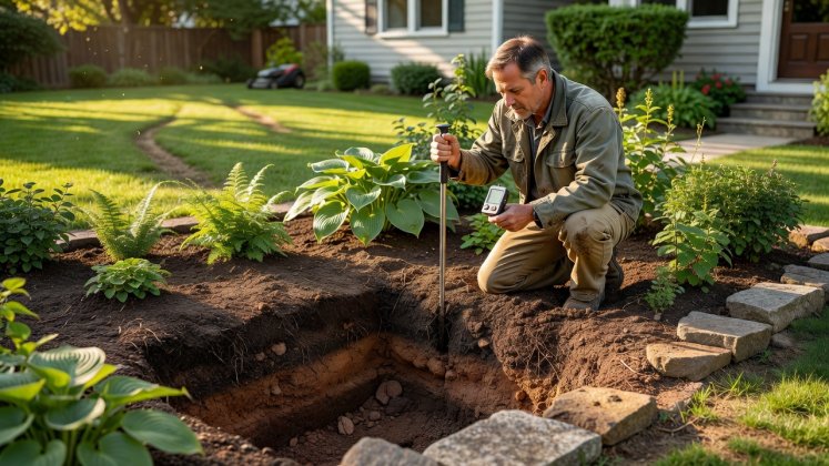 Person measuring soil profile and observing foliage in a residential planting bed