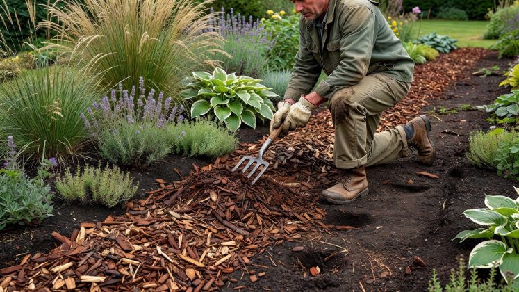 Gardener spreading organic wood bark mulch evenly across a cultivated garden border