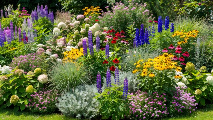 A dense border of perennial herbaceous plants and shrubs thriving in open sunlight