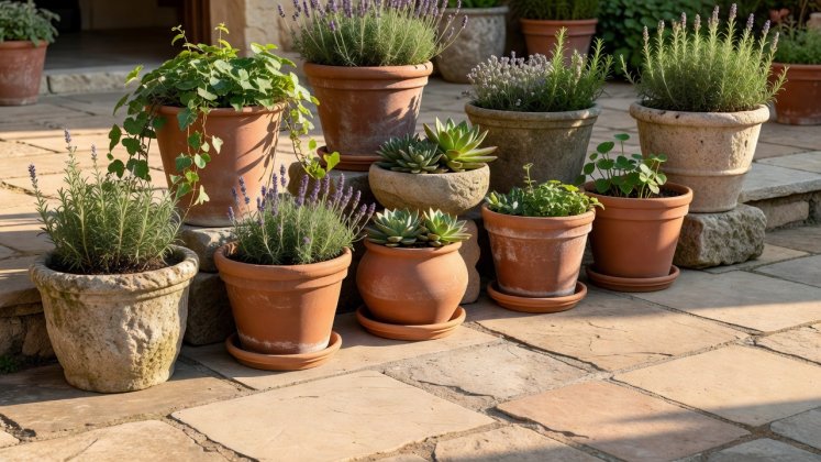 Grouping of terracotta and stone plant containers arranged on an outdoor stone patio